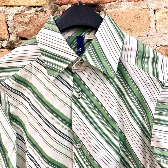 H&M Men's Green And White Striped Button Front No Tuck Shirt Small - Picture 7 of 9